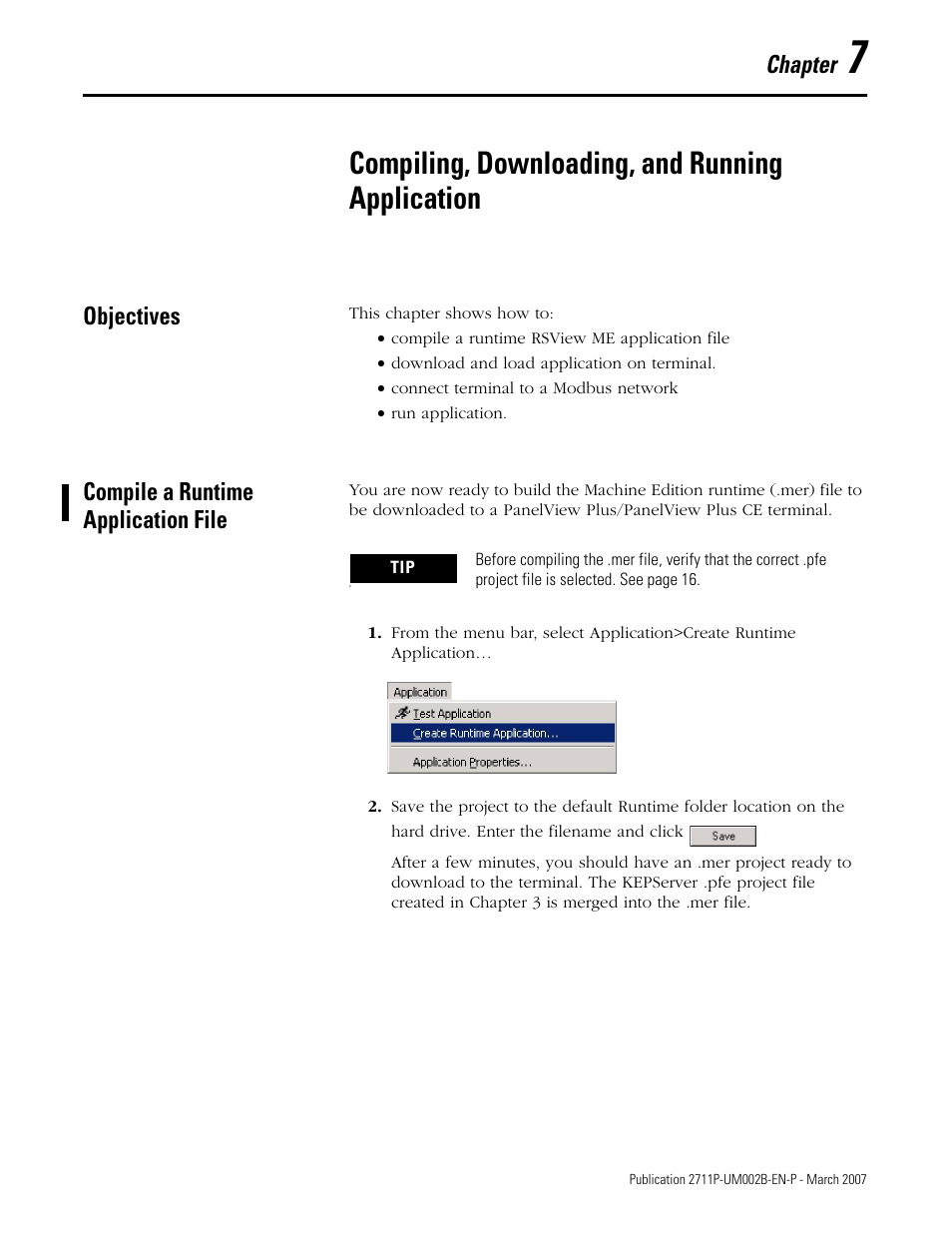 Objectives, Compile a runtime application file, Chapter 7 | Compiling, downloading, and running application, Objectives compile a runtime application file, Chapter | Rockwell Automation 2711P Creating Modbus Applications User Manual | Page 53 / 92