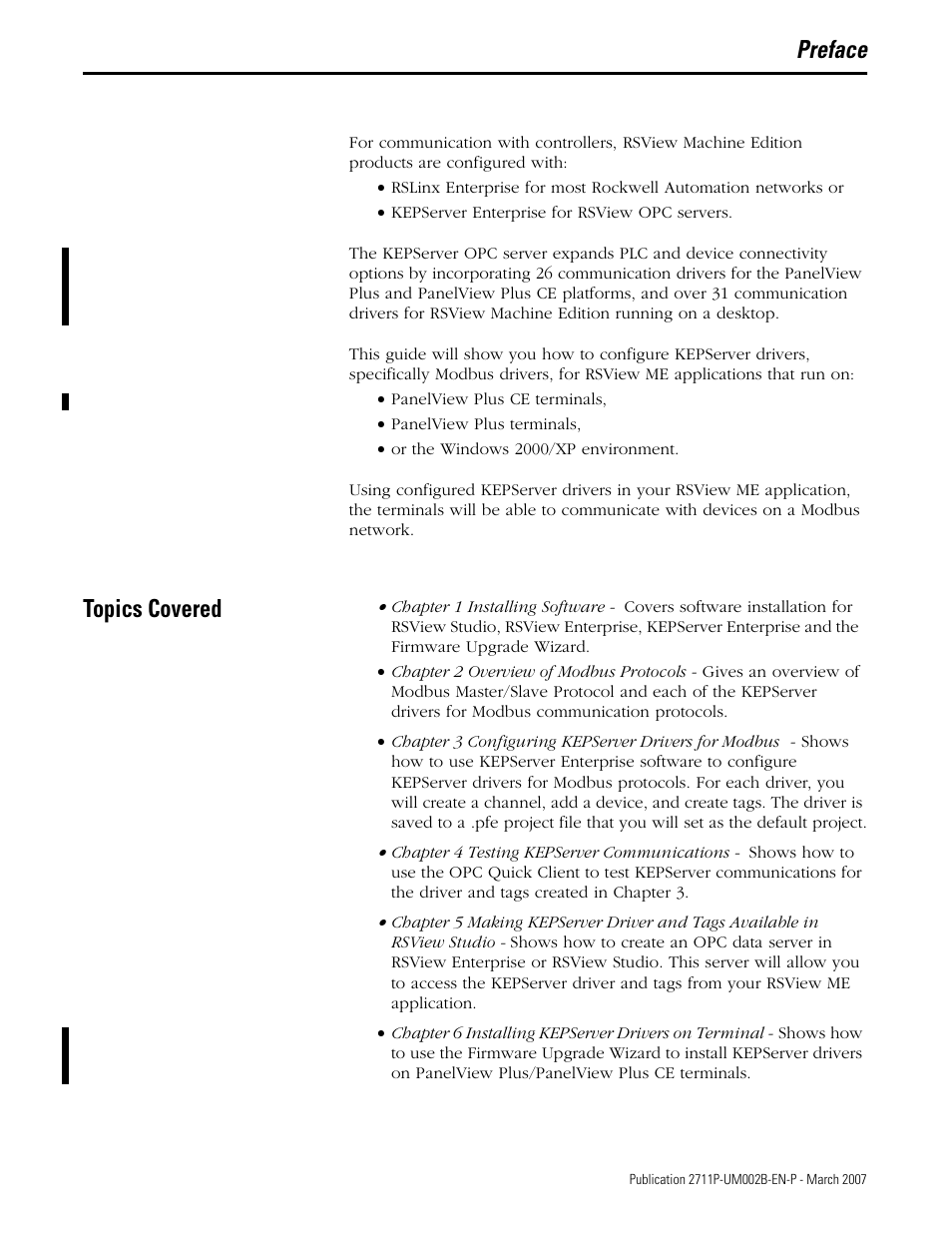 Preface, Topics covered | Rockwell Automation 2711P Creating Modbus Applications User Manual | Page 7 / 92