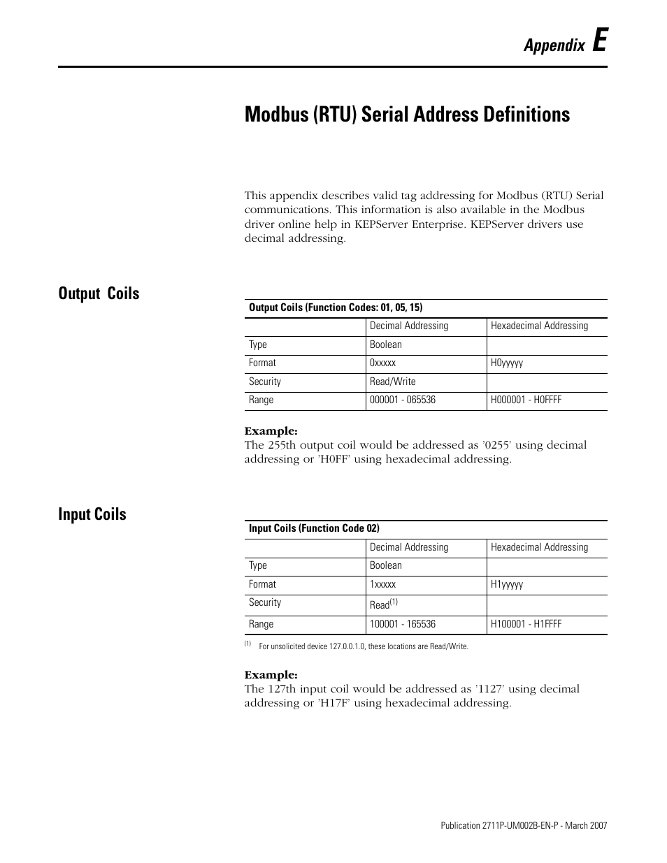 E - modbus (rtu) serial address definitions, Output coils, Input coils | Appendix e, Modbus (rtu) serial address definitions, Output coils input coils, Appendix | Rockwell Automation 2711P Creating Modbus Applications User Manual | Page 77 / 92