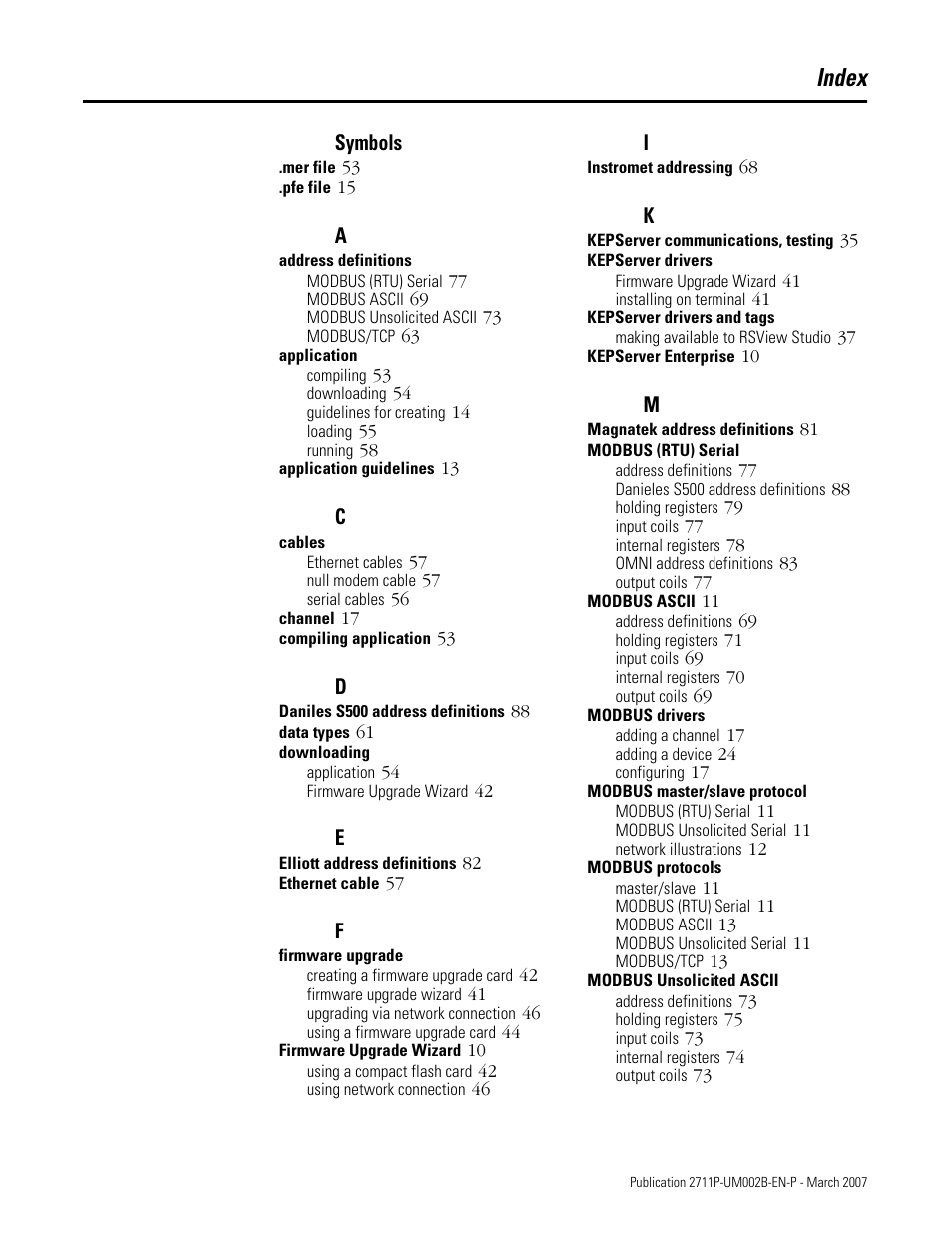 Index | Rockwell Automation 2711P Creating Modbus Applications User Manual | Page 89 / 92