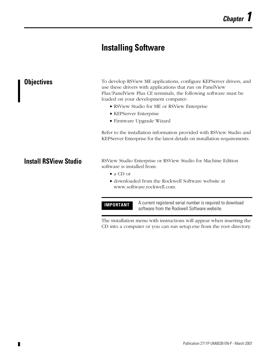 1 - installing software, Objectives, Install rsview studio | Chapter 1, Installing software, Objectives install rsview studio, Chapter | Rockwell Automation 2711P Creating Modbus Applications User Manual | Page 9 / 92