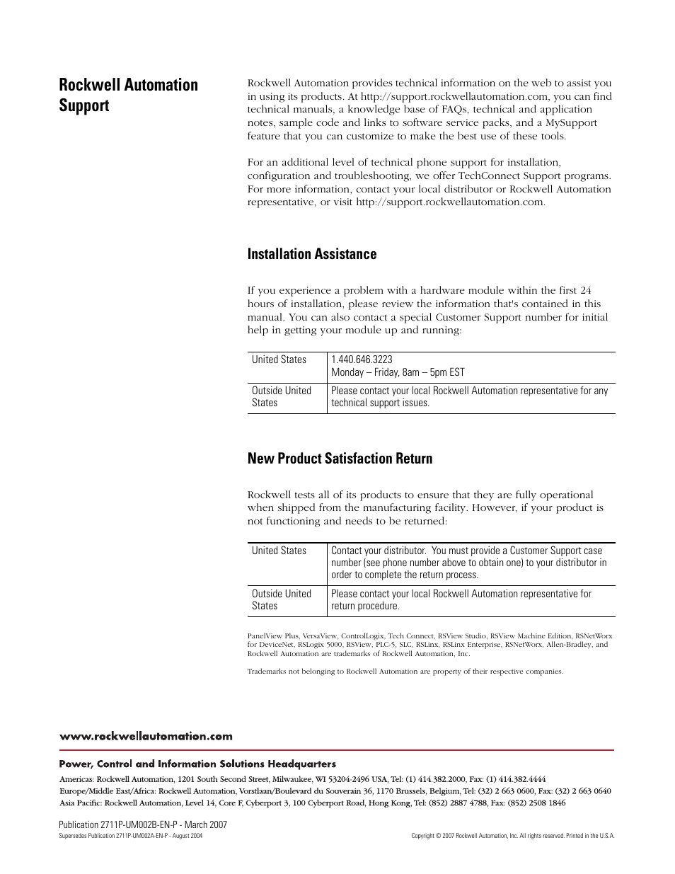 Back cover, Rockwell automation support, Installation assistance | New product satisfaction return | Rockwell Automation 2711P Creating Modbus Applications User Manual | Page 92 / 92