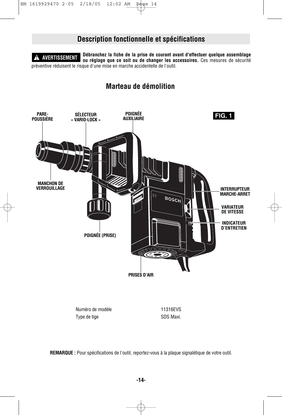 Description fonctionnelle et spécifications, Marteau de démolition, Fig. 1 | Bosch 11316evs User Manual | Page 14 / 28