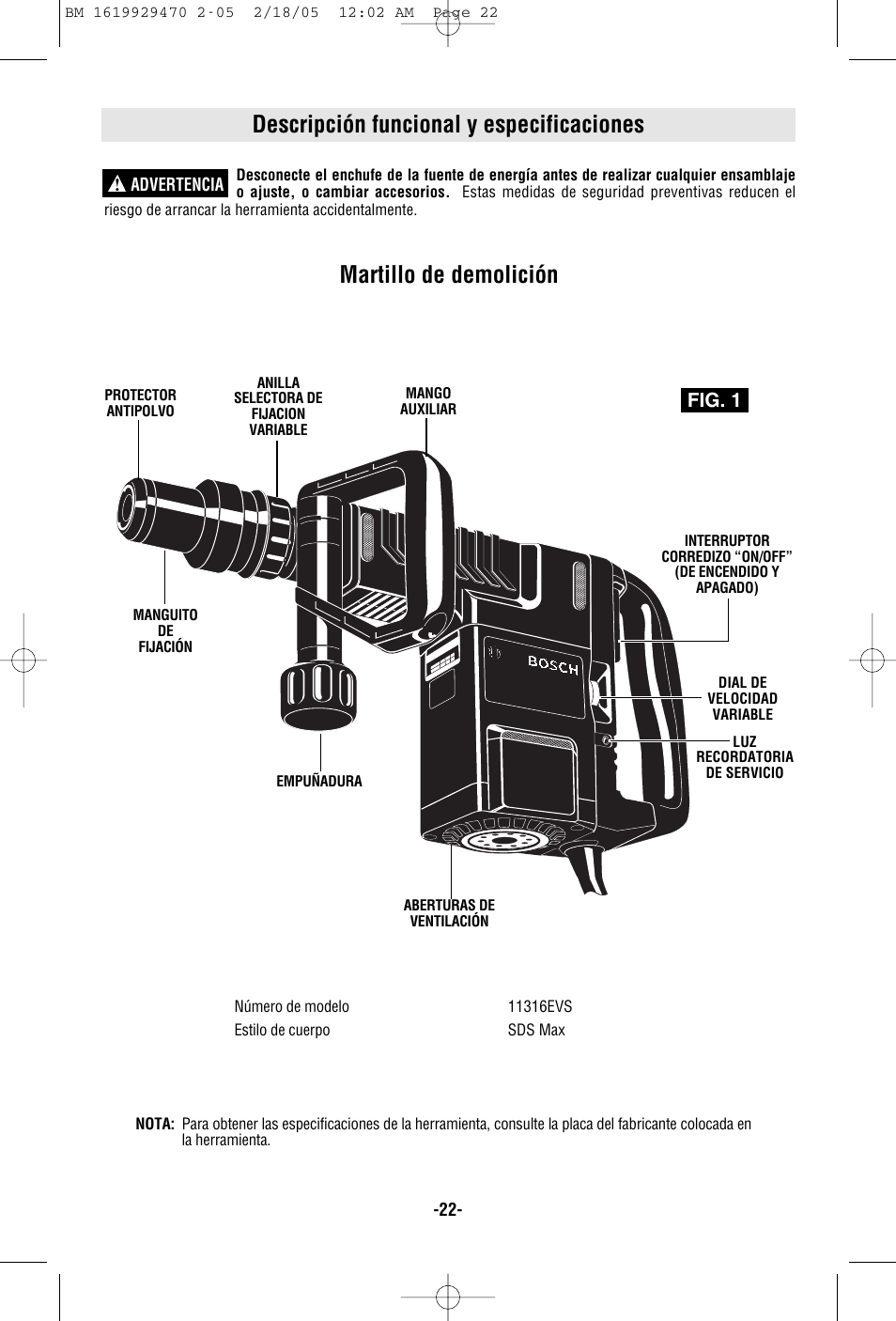 Descripción funcional y especificaciones, Martillo de demolición, Fig. 1 | Bosch 11316evs User Manual | Page 22 / 28