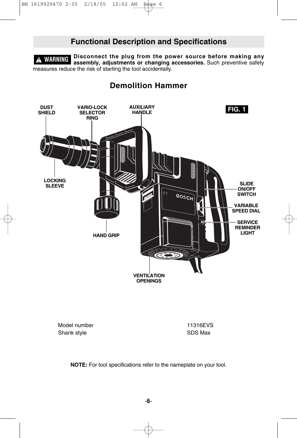 Functional description and specifications, Demolition hammer, Warning | Fig. 1 | Bosch 11316evs User Manual | Page 6 / 28