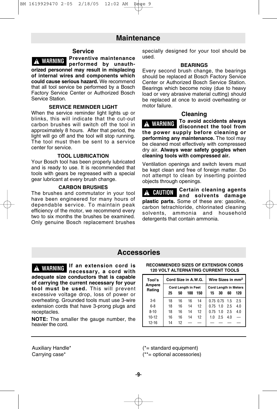 Maintenance, Accessories, Service | Cleaning, Warning, Caution | Bosch 11316evs User Manual | Page 9 / 28