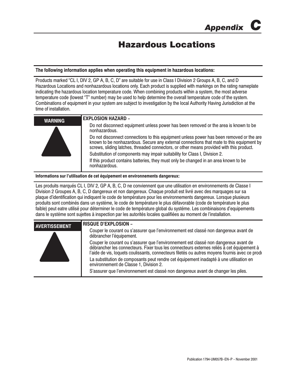 Hazardous locations, Appendix | Rockwell Automation 1794-APB/B FLEX I/O PROFIBUS Adapter Module User Manual User Manual | Page 109 / 124