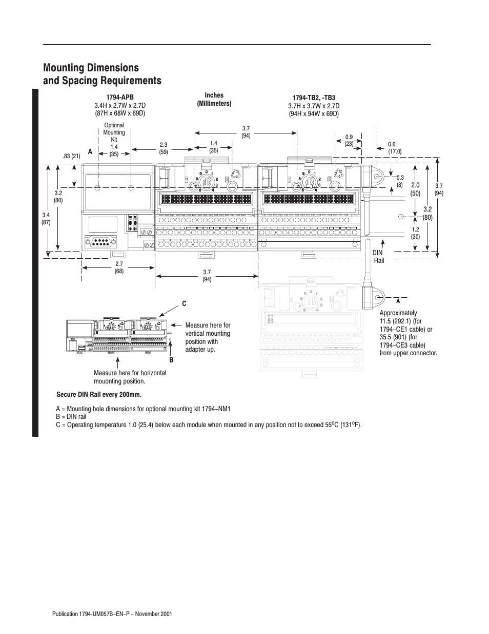 Mounting dimensions and spacing requirements | Rockwell Automation 1794-APB/B FLEX I/O PROFIBUS Adapter Module User Manual User Manual | Page 16 / 124