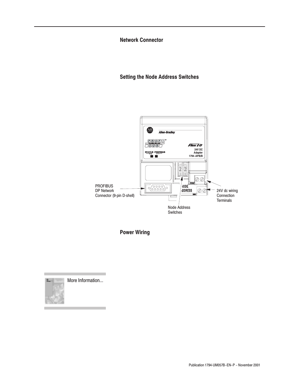 Network connector, Setting the node address switches, Power wiring | Rockwell Automation 1794-APB/B FLEX I/O PROFIBUS Adapter Module User Manual User Manual | Page 19 / 124