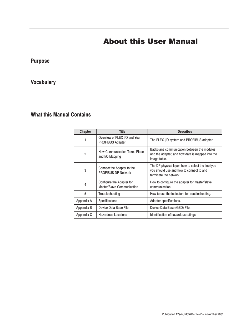 Preface, About this user manual, Purpose vocabulary what this manual contains | Rockwell Automation 1794-APB/B FLEX I/O PROFIBUS Adapter Module User Manual User Manual | Page 5 / 124