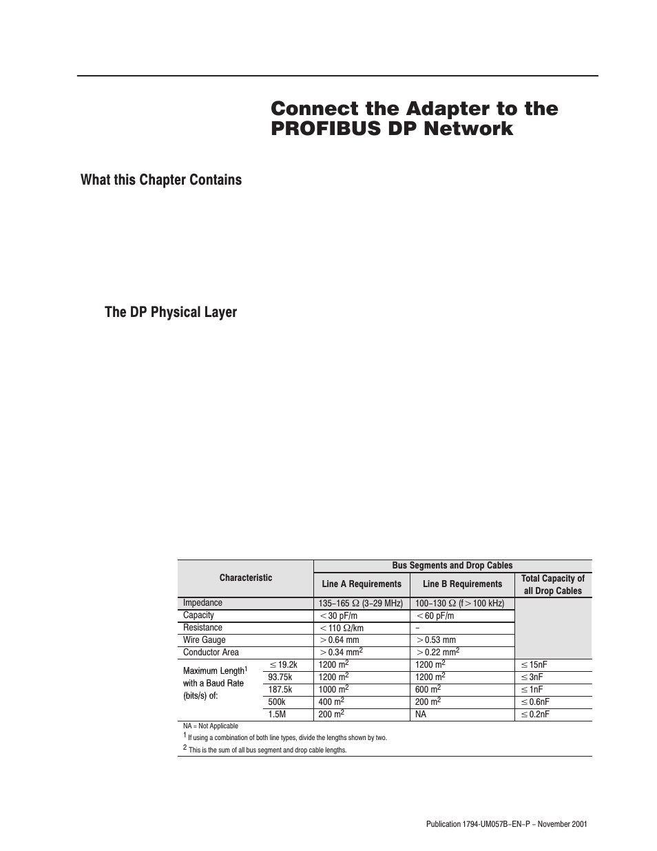 Connect the adapter to the profibus dp network, Chapter, What this chapter contains the dp physical layer | Rockwell Automation 1794-APB/B FLEX I/O PROFIBUS Adapter Module User Manual User Manual | Page 87 / 124