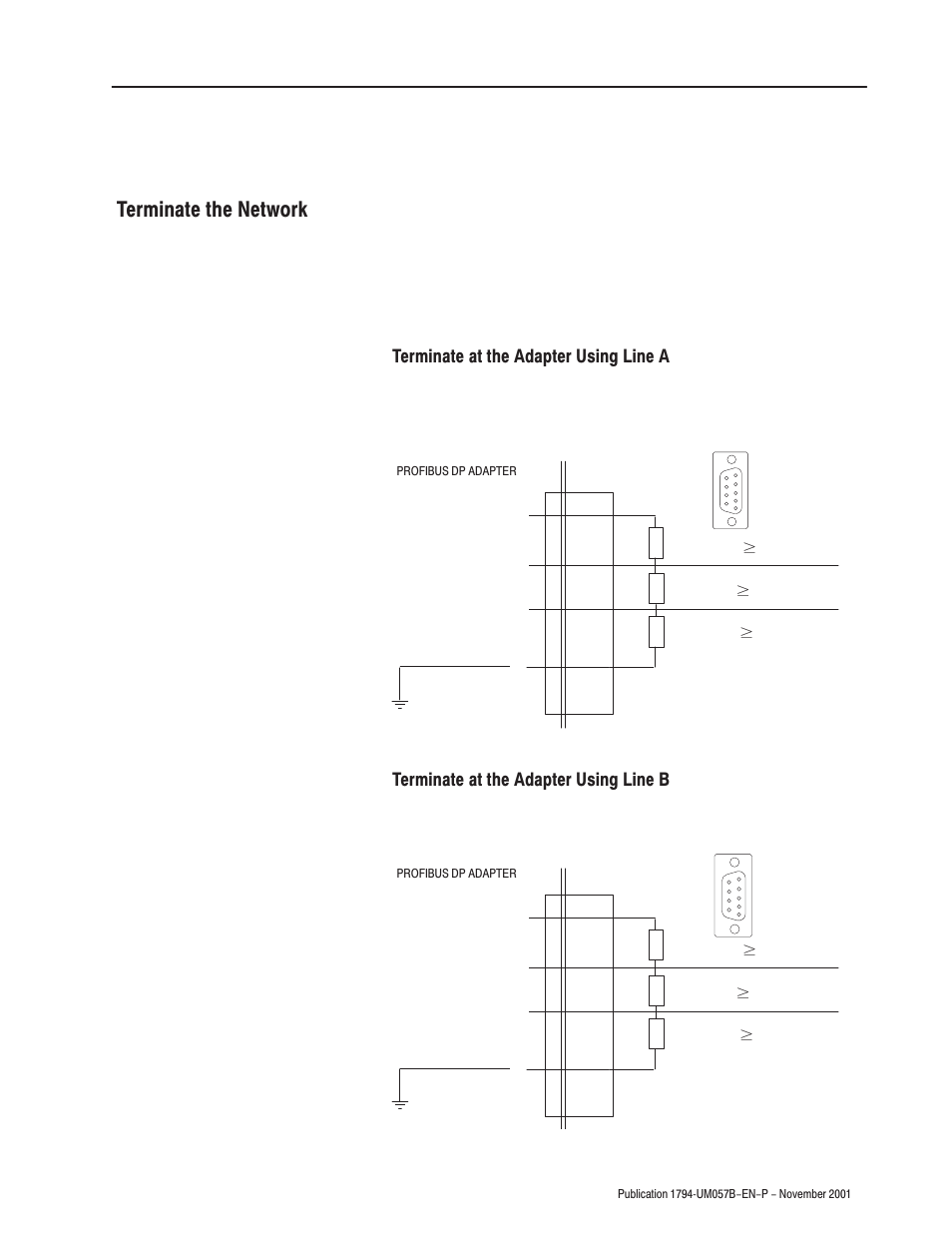 Terminate the network, Terminate at the adapter using line a, Terminate at the adapter using line b | Rockwell Automation 1794-APB/B FLEX I/O PROFIBUS Adapter Module User Manual User Manual | Page 91 / 124