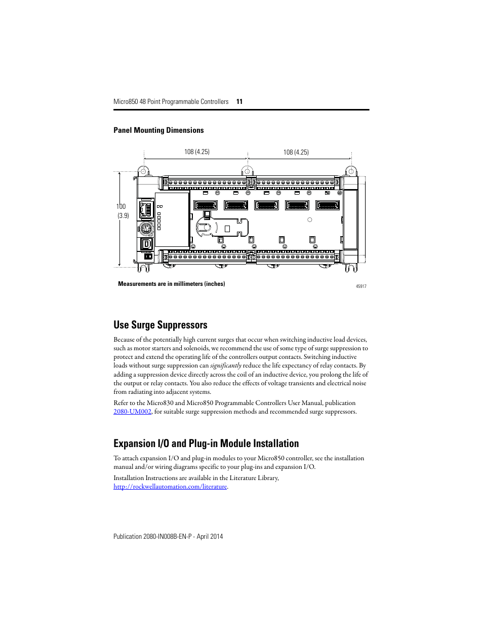 Use surge suppressors, Expansion i/o and plug-in module installation | Rockwell Automation 2080-LC50-48AWB_48QBB_48QVB_48QWB Micro850 48-Point Programmable Controllers Installation Instructions User Manual | Page 11 / 20