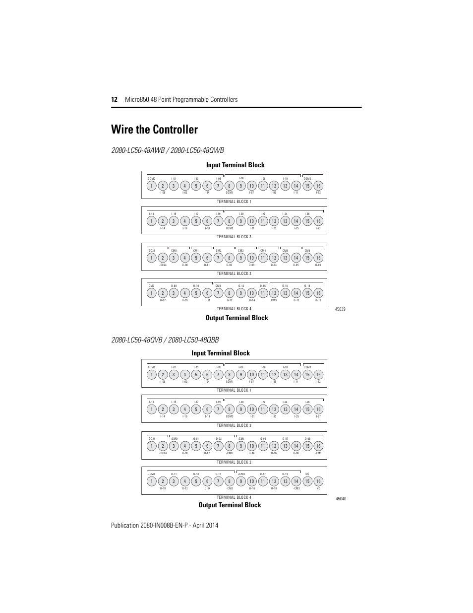 Wire the controller, Input terminal block output terminal block | Rockwell Automation 2080-LC50-48AWB_48QBB_48QVB_48QWB Micro850 48-Point Programmable Controllers Installation Instructions User Manual | Page 12 / 20