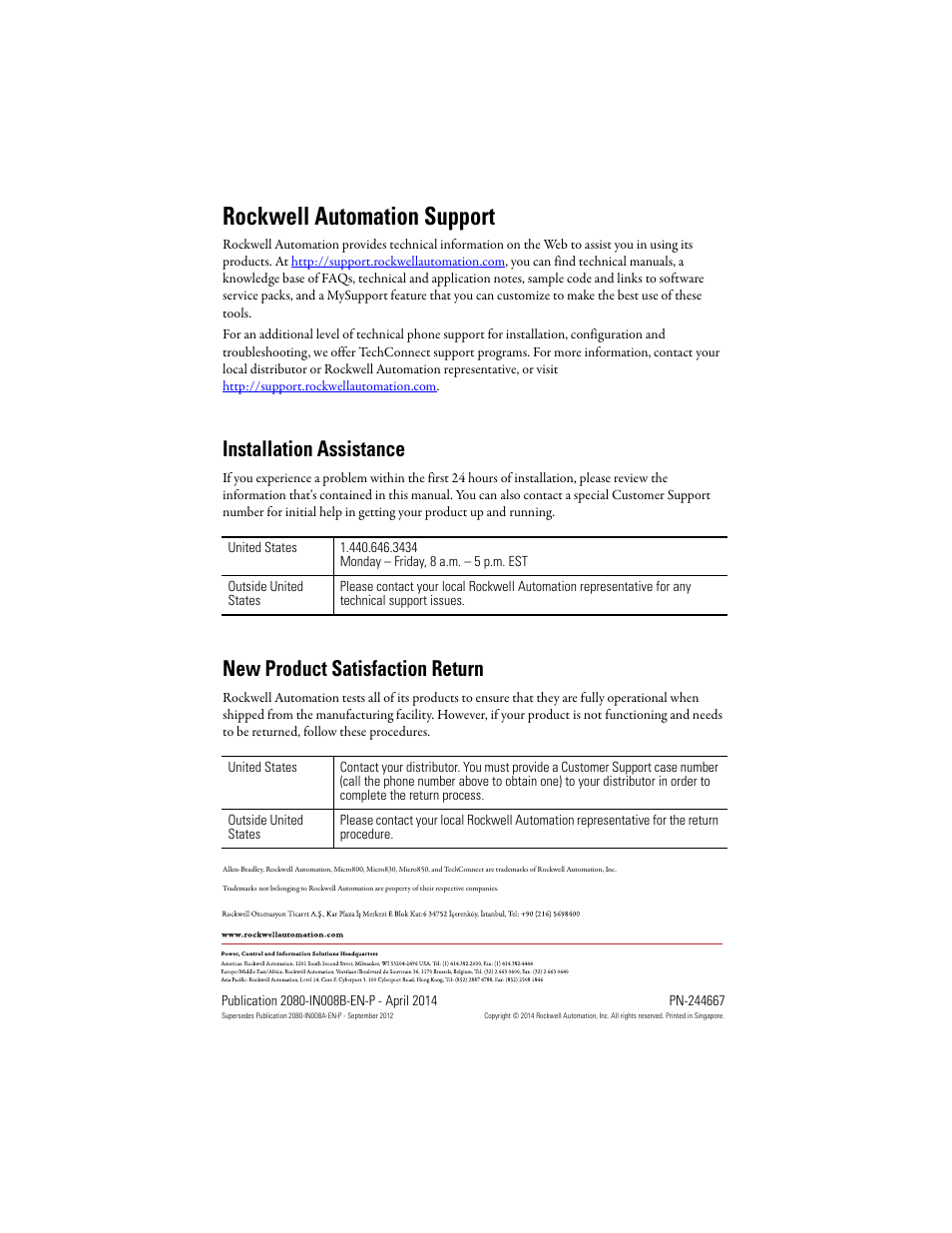 Back cover, Rockwell automation support, Installation assistance | New product satisfaction return | Rockwell Automation 2080-LC50-48AWB_48QBB_48QVB_48QWB Micro850 48-Point Programmable Controllers Installation Instructions User Manual | Page 20 / 20