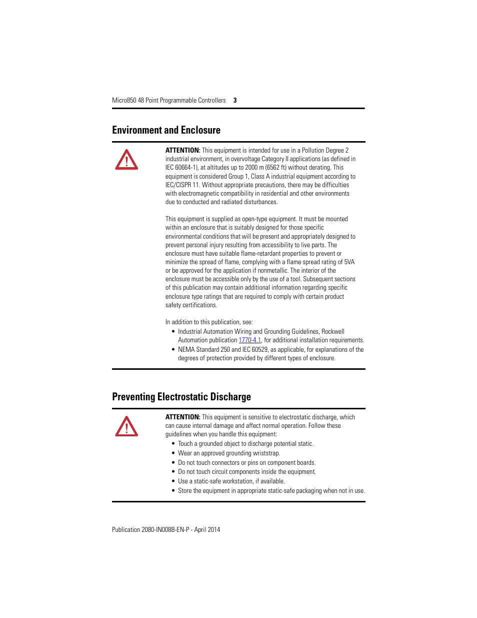 Environment and enclosure, Preventing electrostatic discharge | Rockwell Automation 2080-LC50-48AWB_48QBB_48QVB_48QWB Micro850 48-Point Programmable Controllers Installation Instructions User Manual | Page 3 / 20