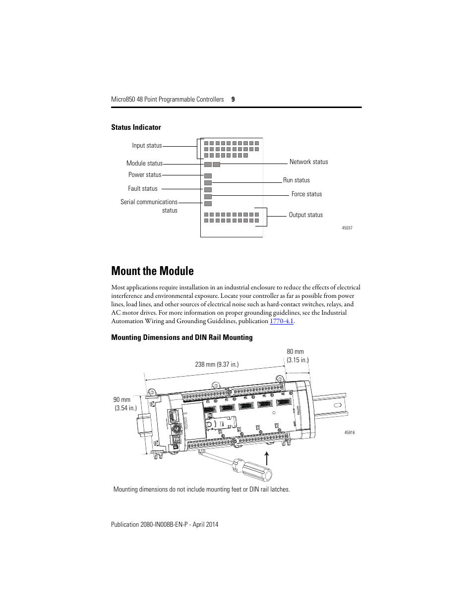 Mount the module, Status indicator | Rockwell Automation 2080-LC50-48AWB_48QBB_48QVB_48QWB Micro850 48-Point Programmable Controllers Installation Instructions User Manual | Page 9 / 20