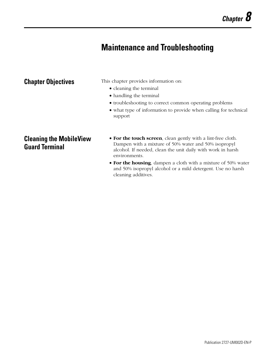 Chapter 8 - maintenance and troubleshooting, Chapter objectives, Cleaning the mobileview guard terminal | Chapter 8, Maintenance and troubleshooting | Rockwell Automation 2727-G7P20D3Q7 MobileView G750 Guard Machine Terminal User Manual | Page 105 / 124