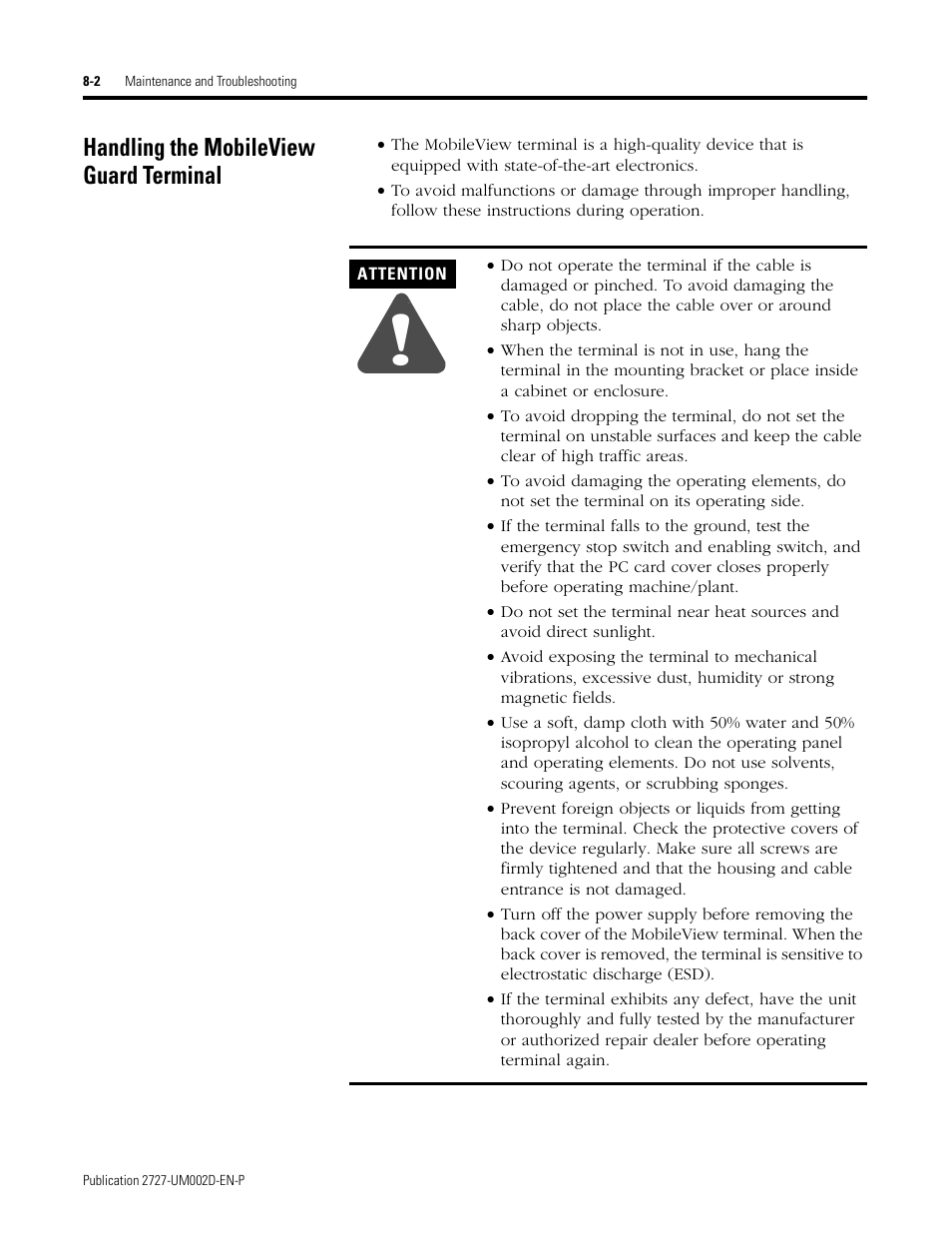 Handling the mobileview guard terminal, Handling the mobileview guard terminal -2 | Rockwell Automation 2727-G7P20D3Q7 MobileView G750 Guard Machine Terminal User Manual | Page 106 / 124