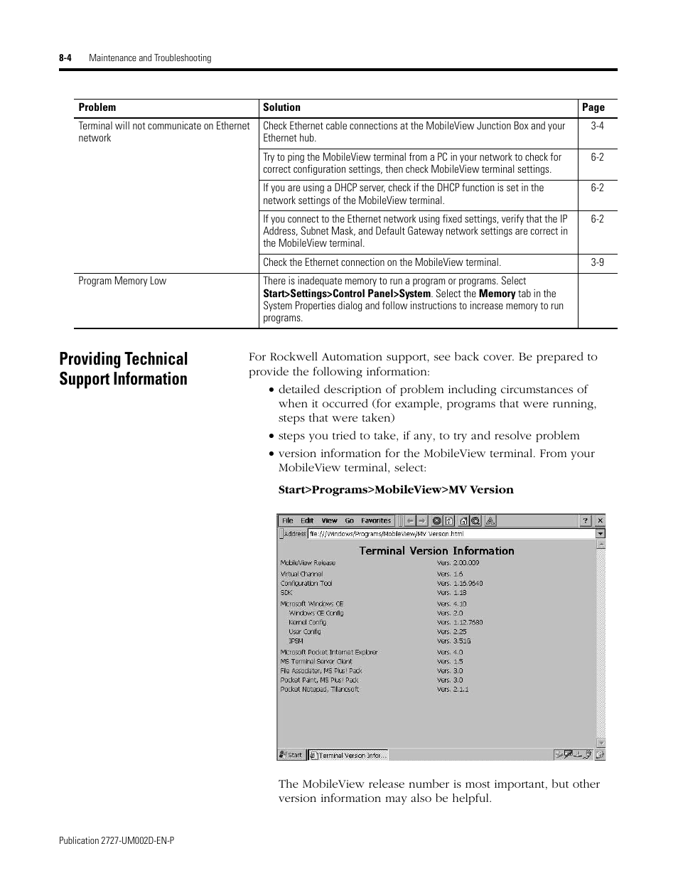 Providing technical support information, Providing technical support information -4 | Rockwell Automation 2727-G7P20D3Q7 MobileView G750 Guard Machine Terminal User Manual | Page 108 / 124