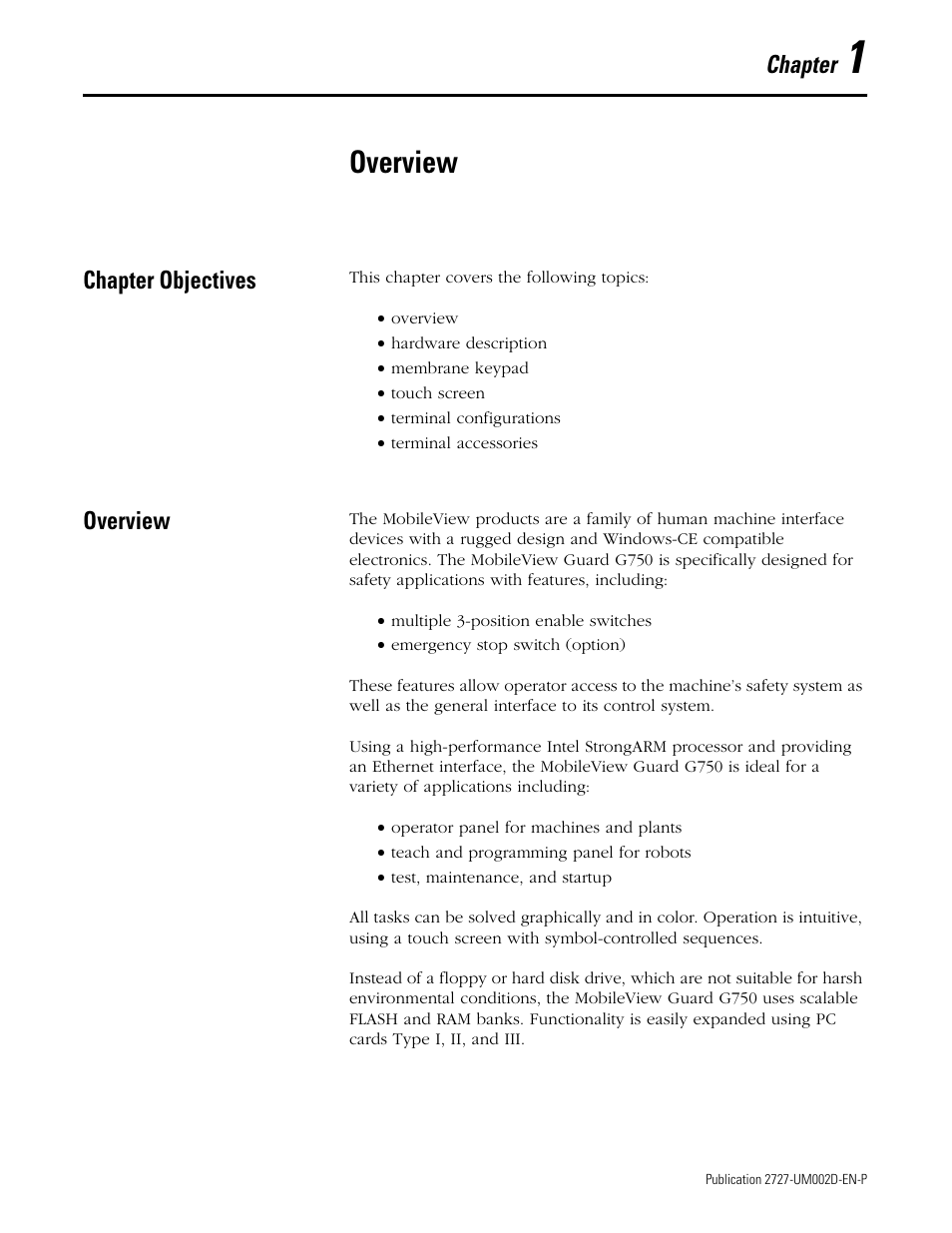 Chapter 1 - overview, Chapter objectives, Overview | Chapter 1, Chapter objectives -1 overview -1 | Rockwell Automation 2727-G7P20D3Q7 MobileView G750 Guard Machine Terminal User Manual | Page 11 / 124