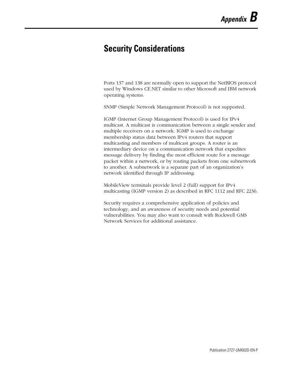 B - security considerations, Appendix b - security considerations, Security considerations | Rockwell Automation 2727-G7P20D3Q7 MobileView G750 Guard Machine Terminal User Manual | Page 113 / 124
