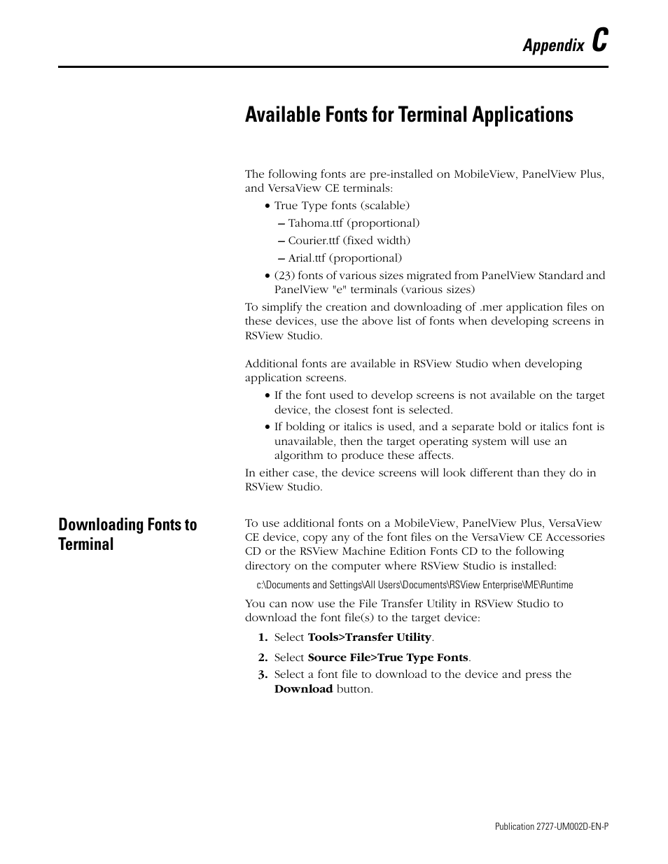 C - available fonts for terminal applications, Downloading fonts to terminal, Available fonts for terminal applications | Appendix | Rockwell Automation 2727-G7P20D3Q7 MobileView G750 Guard Machine Terminal User Manual | Page 115 / 124