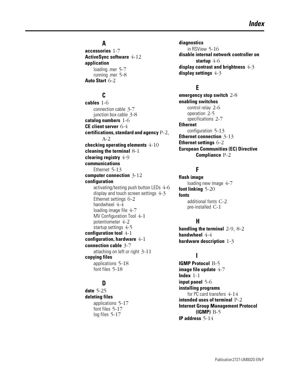 Index | Rockwell Automation 2727-G7P20D3Q7 MobileView G750 Guard Machine Terminal User Manual | Page 119 / 124