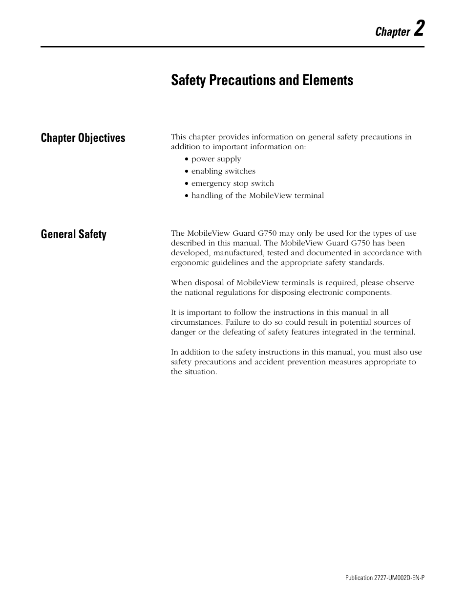 Chapter 2 - safety precautions and elements, Chapter objectives, General safety | Chapter 2, Safety precautions and elements, Chapter objectives -1 general safety -1 | Rockwell Automation 2727-G7P20D3Q7 MobileView G750 Guard Machine Terminal User Manual | Page 19 / 124