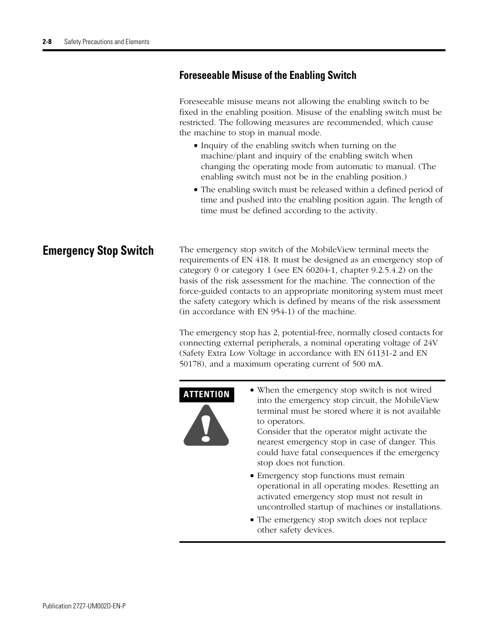 Emergency stop switch, Foreseeable misuse of the enabling switch -8, Emergency stop switch -8 | Rockwell Automation 2727-G7P20D3Q7 MobileView G750 Guard Machine Terminal User Manual | Page 26 / 124