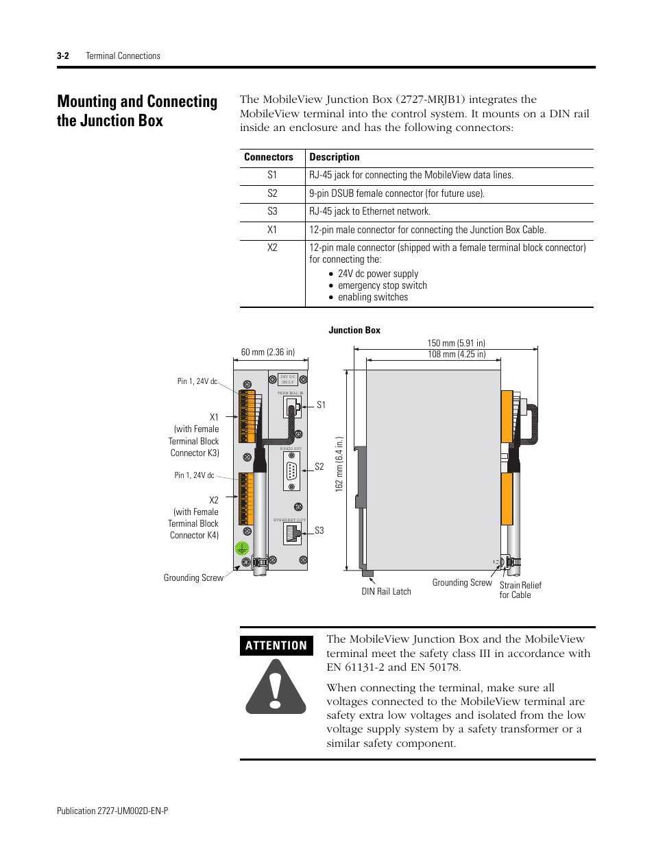 Mounting and connecting the junction box, Mounting and connecting the junction box -2, Attention | Rockwell Automation 2727-G7P20D3Q7 MobileView G750 Guard Machine Terminal User Manual | Page 30 / 124