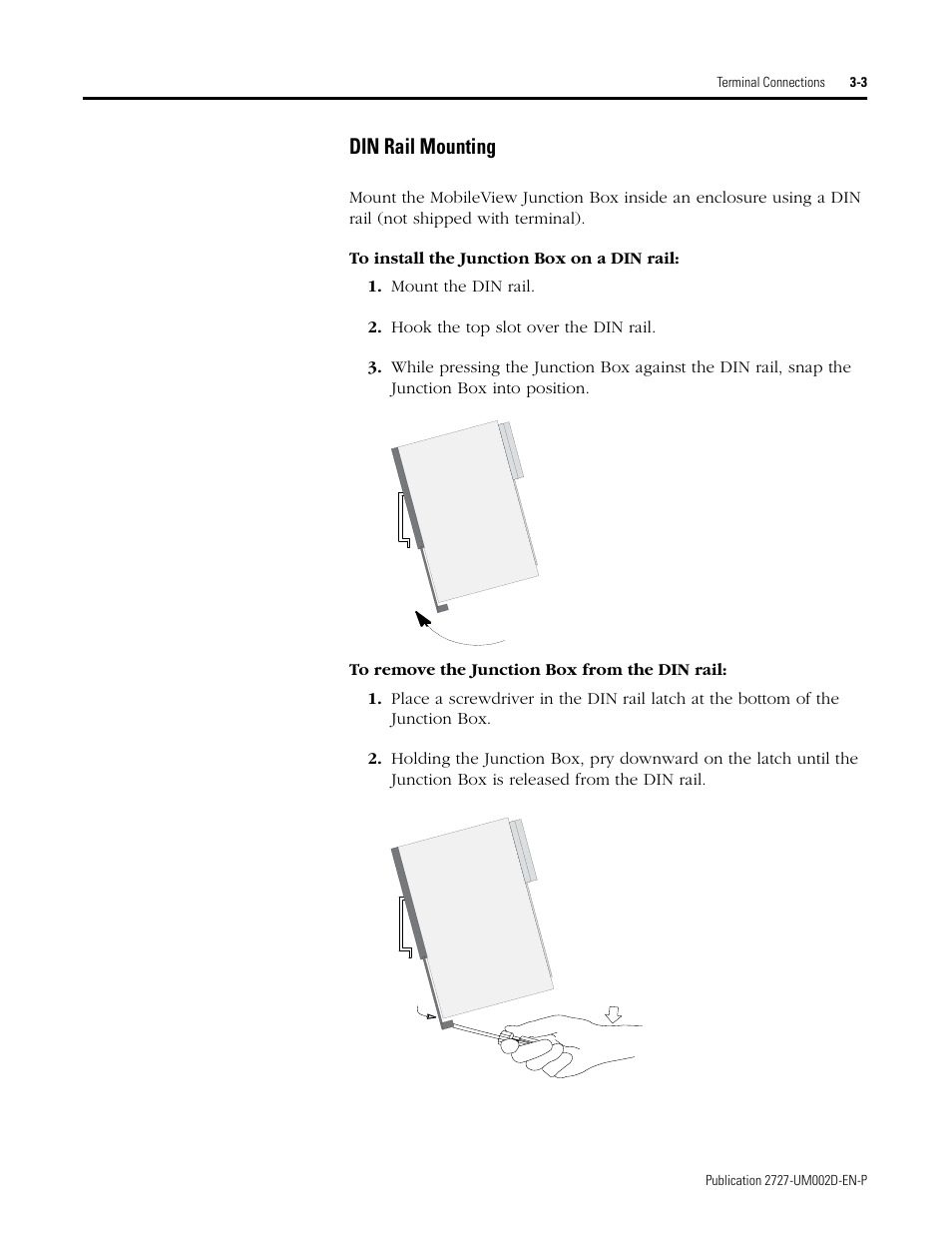 Din rail mounting -3, Din rail mounting | Rockwell Automation 2727-G7P20D3Q7 MobileView G750 Guard Machine Terminal User Manual | Page 31 / 124