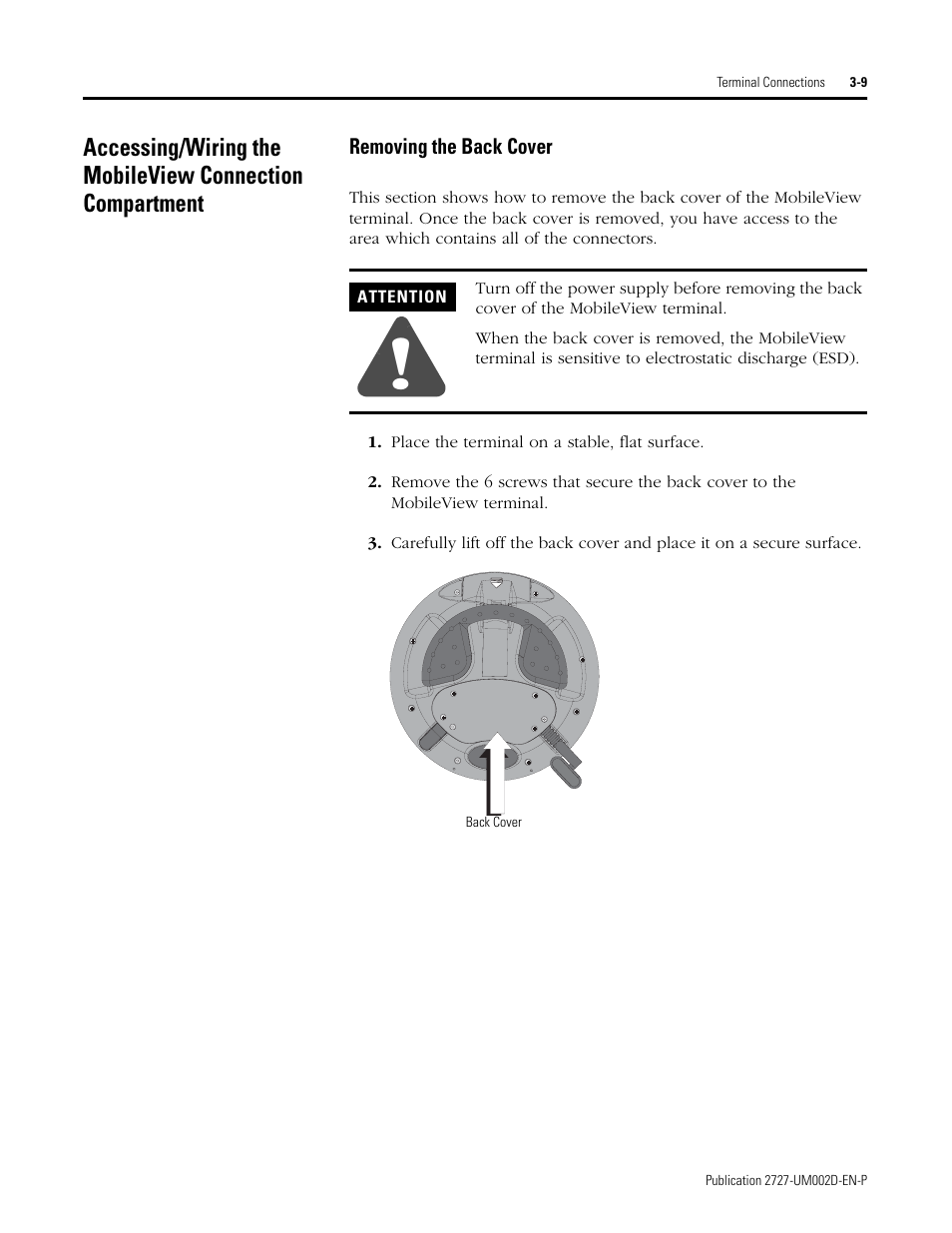 Removing the back cover -9 | Rockwell Automation 2727-G7P20D3Q7 MobileView G750 Guard Machine Terminal User Manual | Page 37 / 124