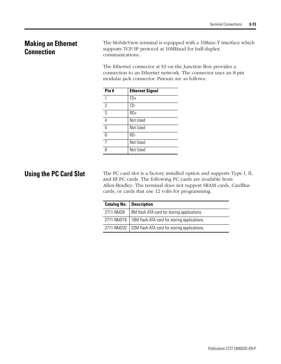 Making an ethernet connection, Using the pc card slot | Rockwell Automation 2727-G7P20D3Q7 MobileView G750 Guard Machine Terminal User Manual | Page 41 / 124