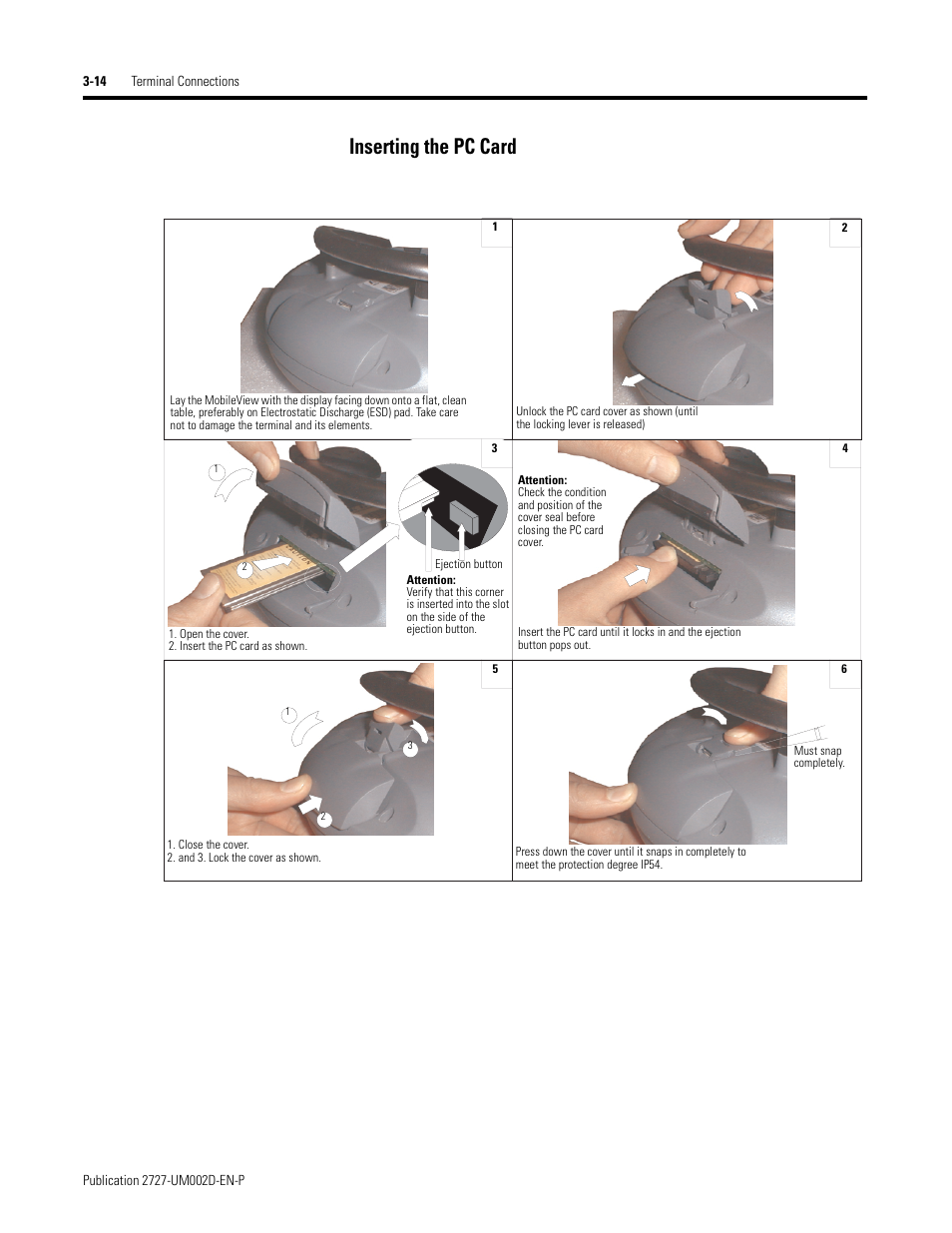 Inserting the pc card | Rockwell Automation 2727-G7P20D3Q7 MobileView G750 Guard Machine Terminal User Manual | Page 42 / 124