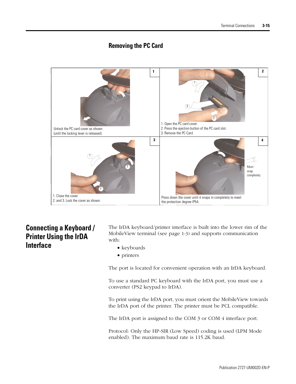 Removing the pc card | Rockwell Automation 2727-G7P20D3Q7 MobileView G750 Guard Machine Terminal User Manual | Page 43 / 124