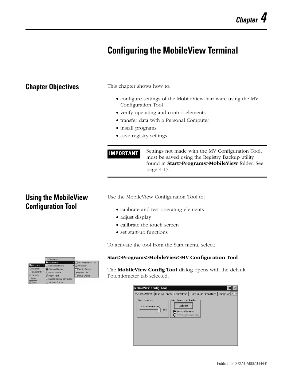 Chapter 4 - configuring the mobileview terminal, Chapter objectives, Using the mobileview configuration tool | Chapter 4, Configuring the mobileview terminal, Chapter | Rockwell Automation 2727-G7P20D3Q7 MobileView G750 Guard Machine Terminal User Manual | Page 45 / 124