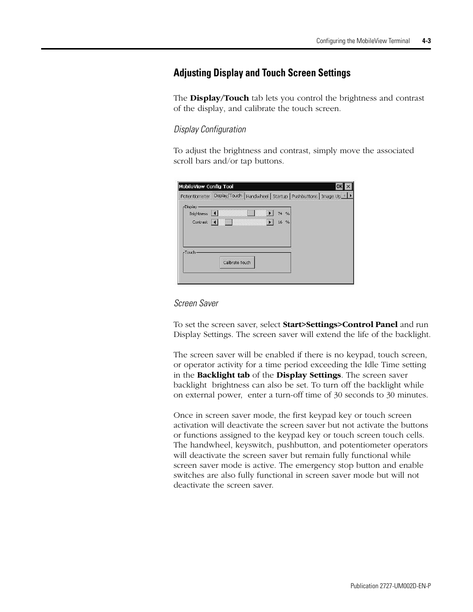 Adjusting display and touch screen settings -3, Adjusting display and touch screen settings | Rockwell Automation 2727-G7P20D3Q7 MobileView G750 Guard Machine Terminal User Manual | Page 47 / 124