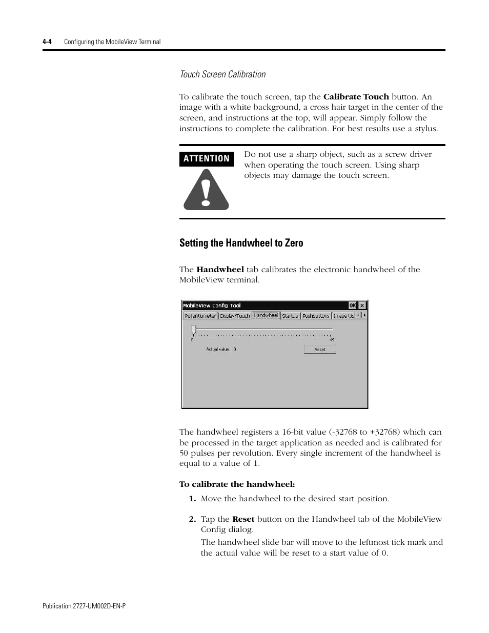 Setting the handwheel to zero -4 | Rockwell Automation 2727-G7P20D3Q7 MobileView G750 Guard Machine Terminal User Manual | Page 48 / 124