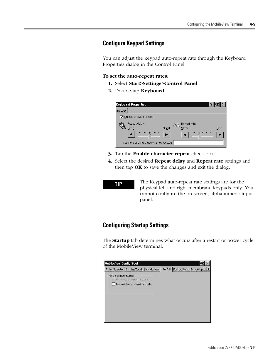 Configure keypad settings, Configuring startup settings | Rockwell Automation 2727-G7P20D3Q7 MobileView G750 Guard Machine Terminal User Manual | Page 49 / 124