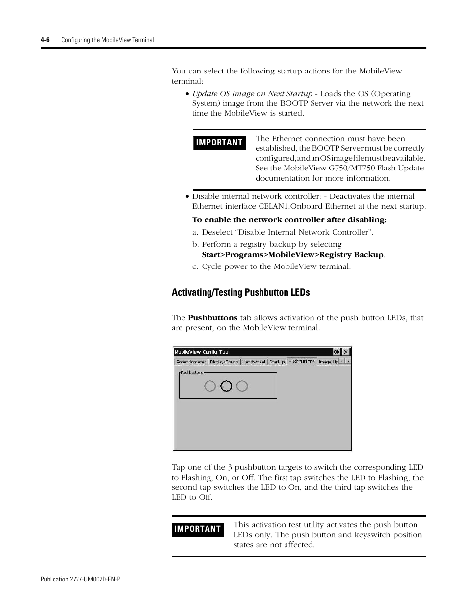 Activating/testing pushbutton leds -6, Activating/testing pushbutton leds | Rockwell Automation 2727-G7P20D3Q7 MobileView G750 Guard Machine Terminal User Manual | Page 50 / 124