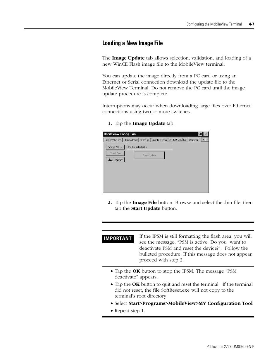 Loading a new image file -7, Loading a new image file | Rockwell Automation 2727-G7P20D3Q7 MobileView G750 Guard Machine Terminal User Manual | Page 51 / 124