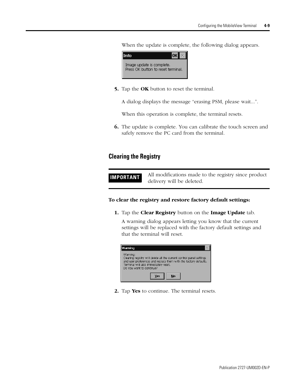 Clearing the registry -9, Clearing the registry | Rockwell Automation 2727-G7P20D3Q7 MobileView G750 Guard Machine Terminal User Manual | Page 53 / 124
