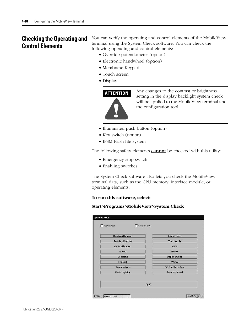 Checking the operating and control elements, Checking the operating and control elements -10 | Rockwell Automation 2727-G7P20D3Q7 MobileView G750 Guard Machine Terminal User Manual | Page 54 / 124