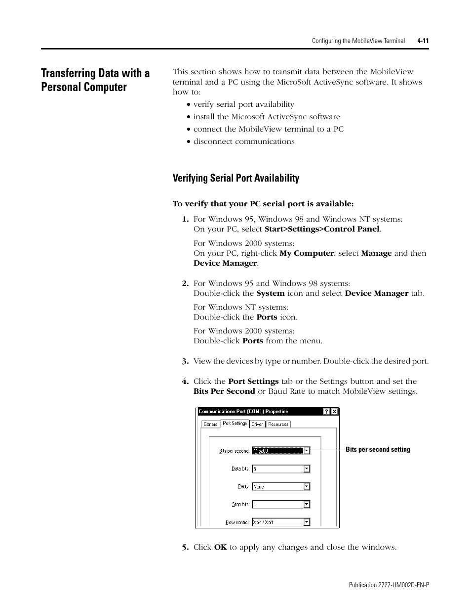 Transferring data with a personal computer, Transferring data with a personal computer -11, Verifying serial port availability -11 | Verifying serial port availability | Rockwell Automation 2727-G7P20D3Q7 MobileView G750 Guard Machine Terminal User Manual | Page 55 / 124