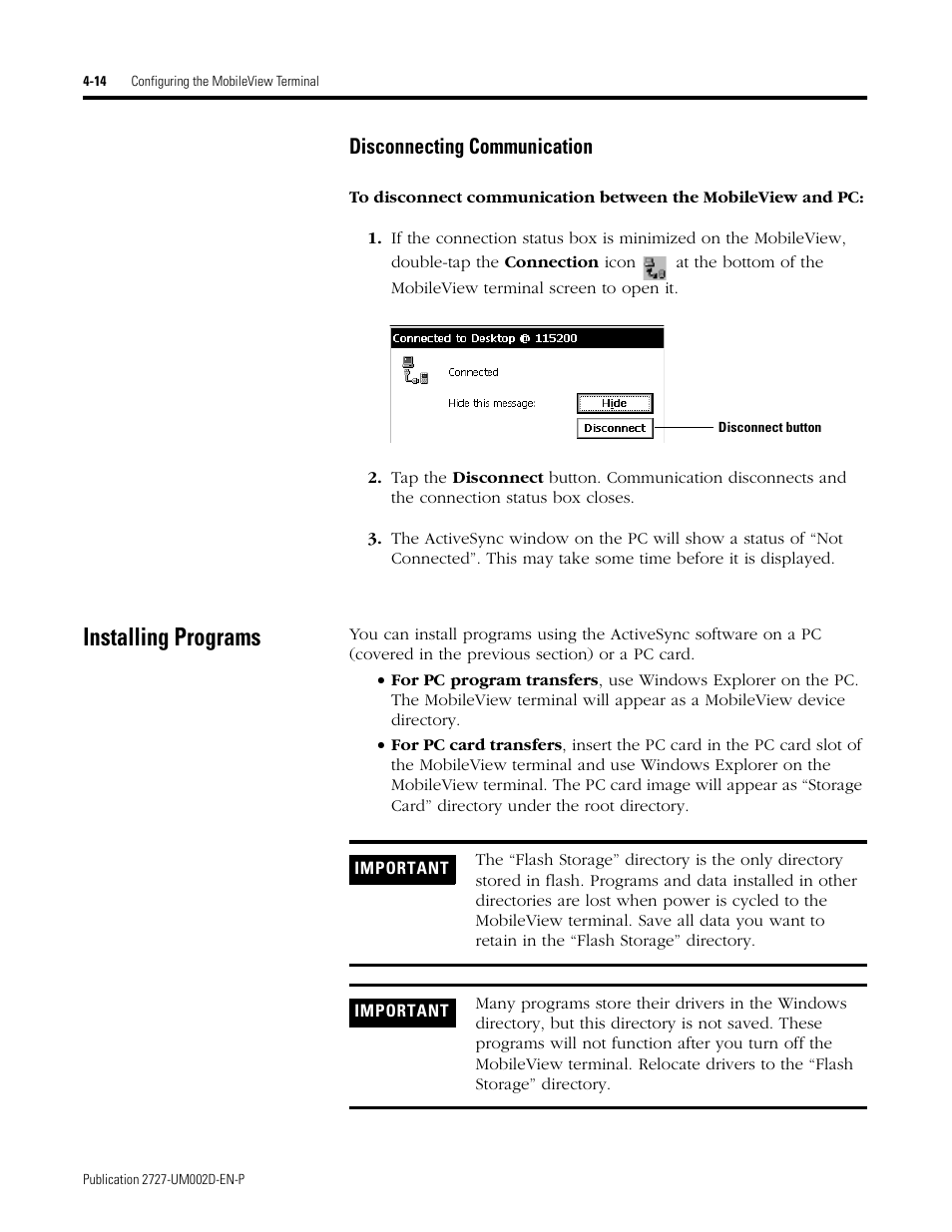 Installing programs, Disconnecting communication -14, Installing programs -14 | Disconnecting communication | Rockwell Automation 2727-G7P20D3Q7 MobileView G750 Guard Machine Terminal User Manual | Page 58 / 124