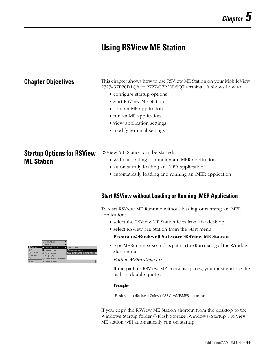 Chapter 5 - using rsview me station, Chapter objectives, Startup options for rsview me station | Chapter 5, Using rsview me station, Chapter | Rockwell Automation 2727-G7P20D3Q7 MobileView G750 Guard Machine Terminal User Manual | Page 61 / 124