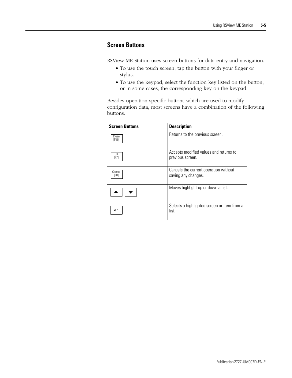 Screen buttons -5, Screen buttons | Rockwell Automation 2727-G7P20D3Q7 MobileView G750 Guard Machine Terminal User Manual | Page 65 / 124
