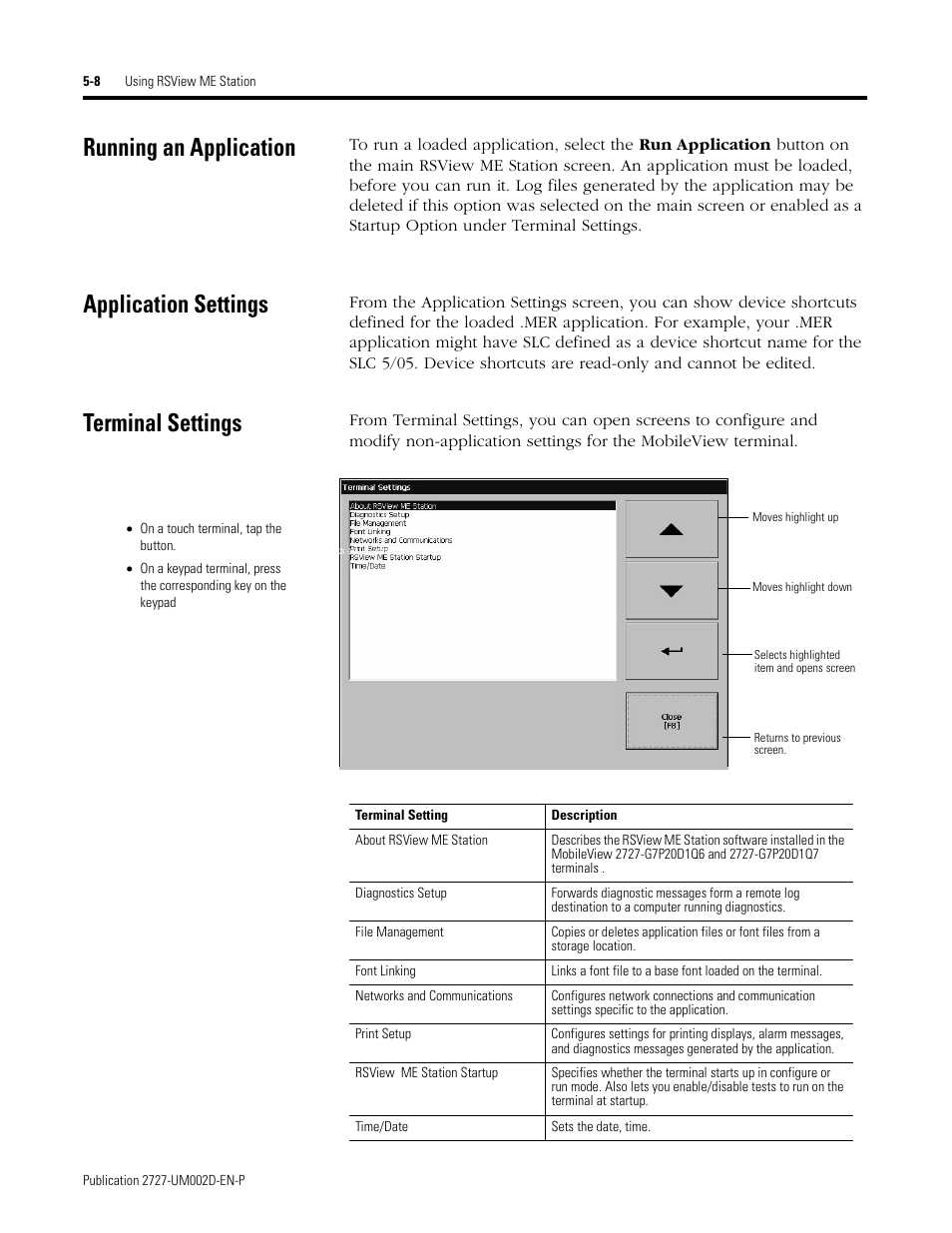 Running an application, Application settings, Terminal settings | Rockwell Automation 2727-G7P20D3Q7 MobileView G750 Guard Machine Terminal User Manual | Page 68 / 124