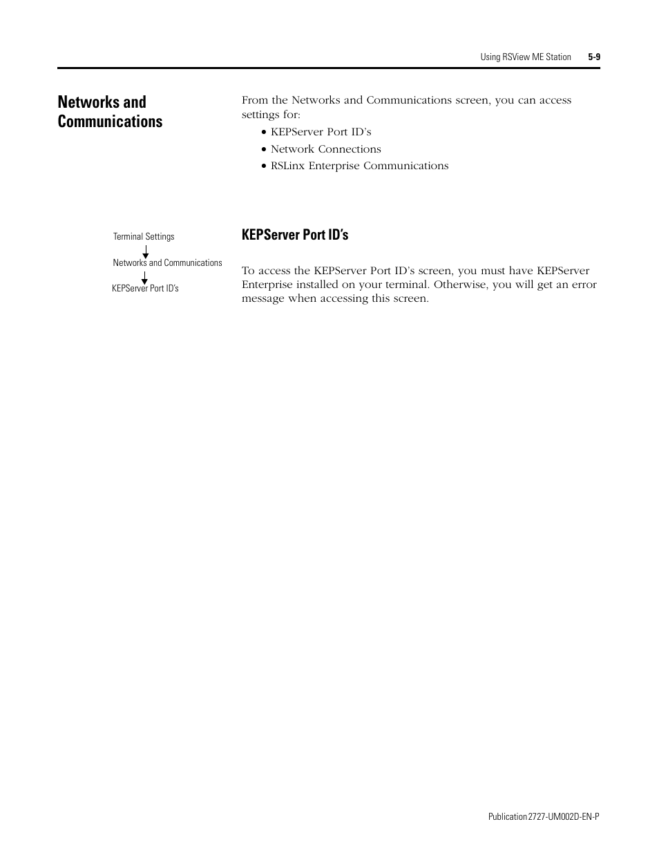 Networks and communications, Networks and communications -9, Kepserver port id’s | Rockwell Automation 2727-G7P20D3Q7 MobileView G750 Guard Machine Terminal User Manual | Page 69 / 124